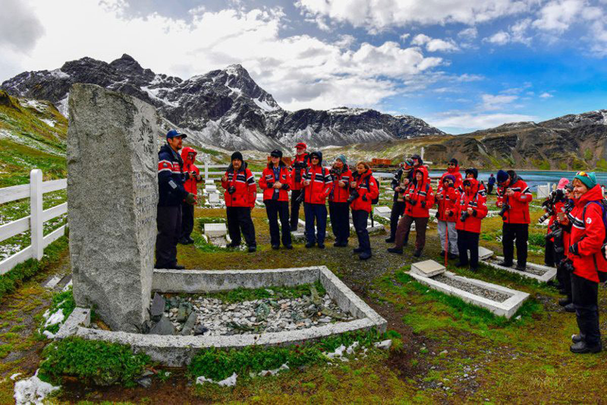 Shackleton-Grave-Ceremony A visit to Grytviken cemetery, where Shackleton and Frank Wild rest.